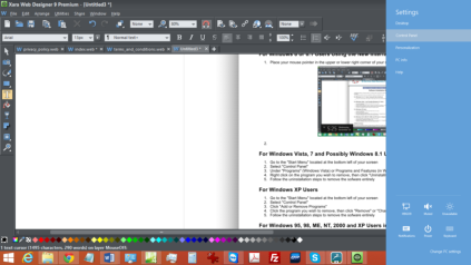 Control Panel appearing on list on right of screen.